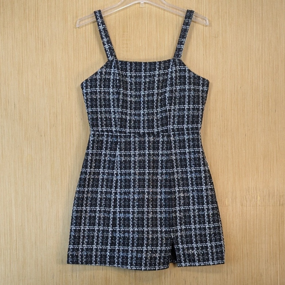 Francesca's Preppy Old Money Black Tweed Plaid Mini Dress Small Metallic NWT